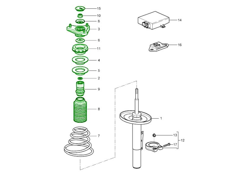 Front Shock Absorber Top Mount & Overhaul Kit. Porsche 987 Boxster 2005-08 without PASM auto draft